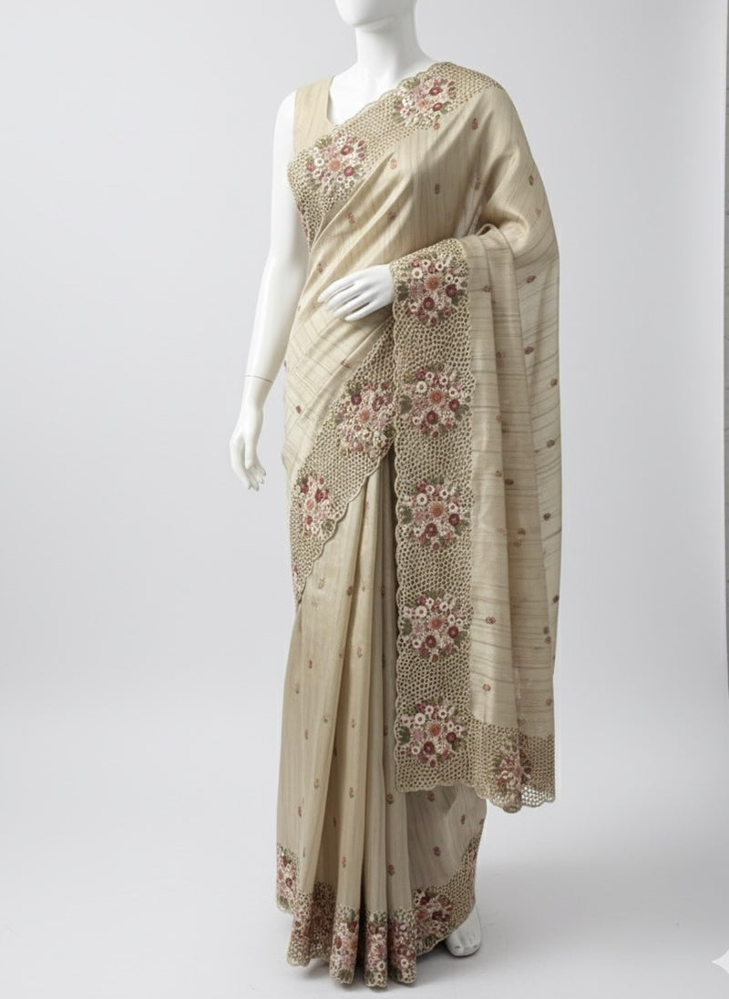 Cutwork Blended tussar saree MTS610 - Dark Beige