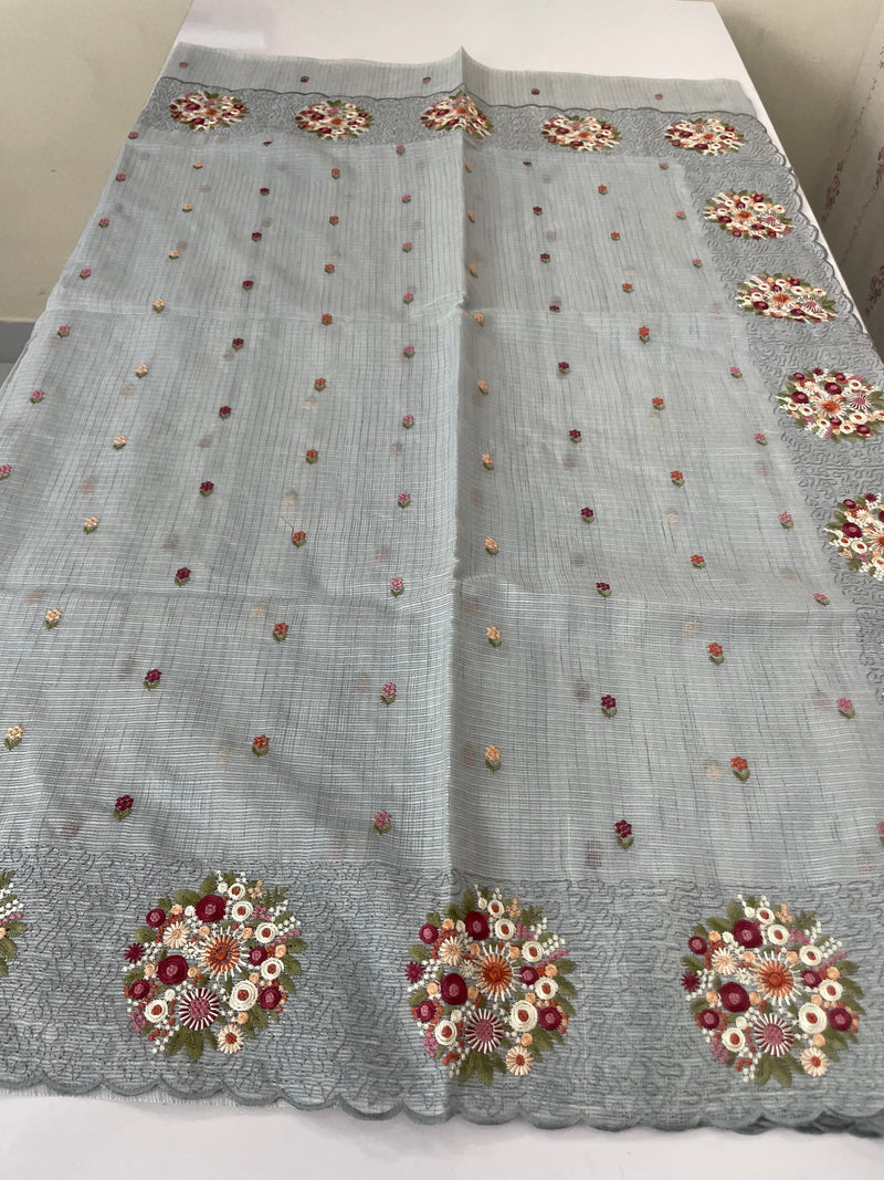 Soft kota silk saree with embroidery MSS678- Pastel BluishGrey
