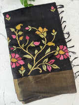 Jute Linen saree with embroidery MSH7511 - Black