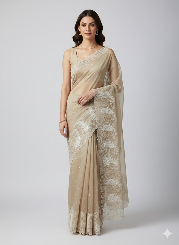 Viscose Organza saree with embriodery-MS14414 Beige