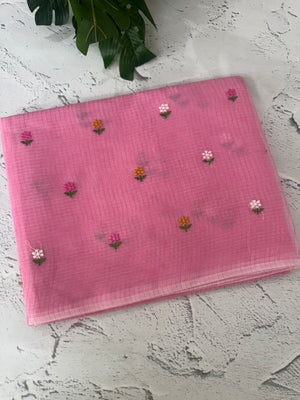 Kota checks saree with embroidery MS7680 Pink