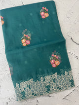 Soft crush Organza saree with embroidery and applique work MS14764 Teal