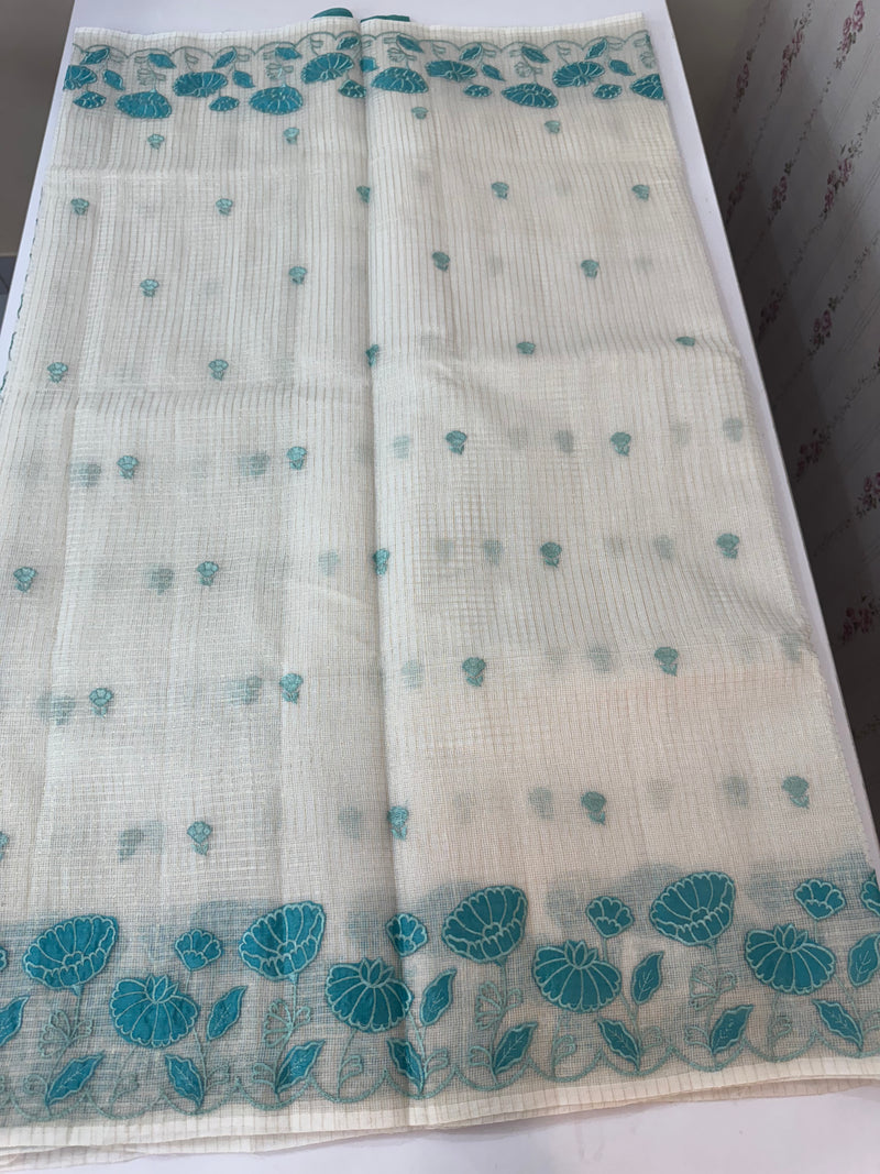 Tissue silk saree with zari checks and applique work  MSH105- Offwhite to Blue