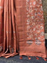 Crushed Blended tussar silk saree with embroidery- SNFCYEY Dusky Peach