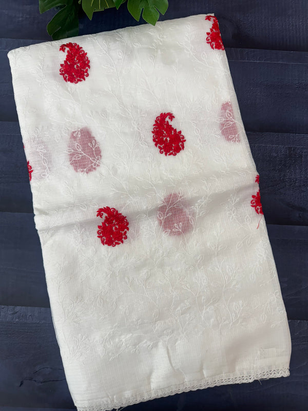 Kota checks saree with embroidery SVTS35 - White & Red
