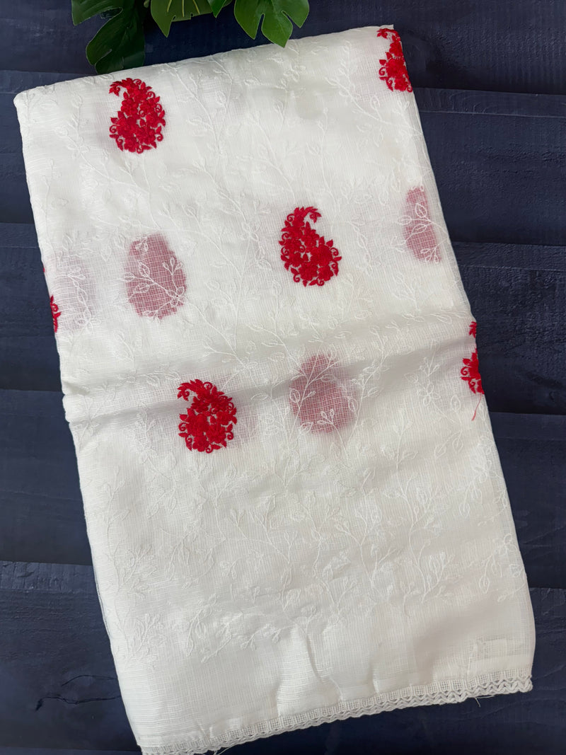 Kota checks saree with embroidery SVTS35 - White & Red