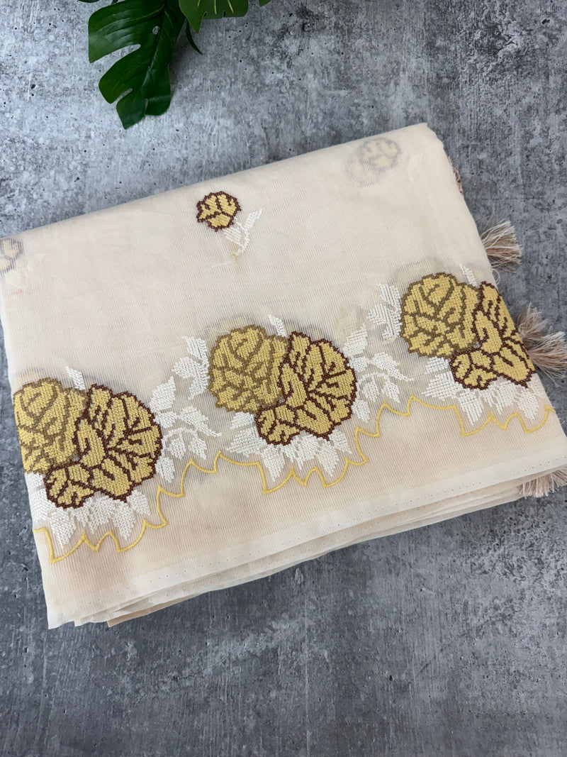 Supernet saree with cross stitch embroidery MSH116 - Beige