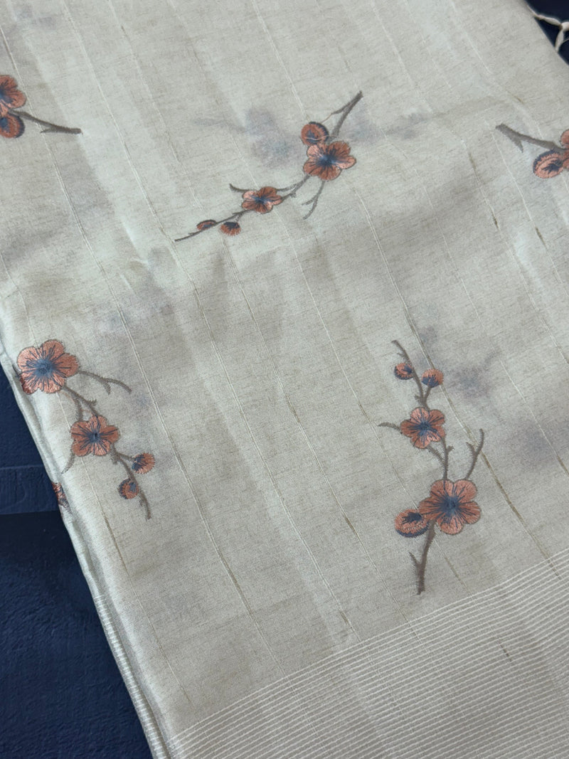 Blended tussar saree with embriodery - MS8665 Cream