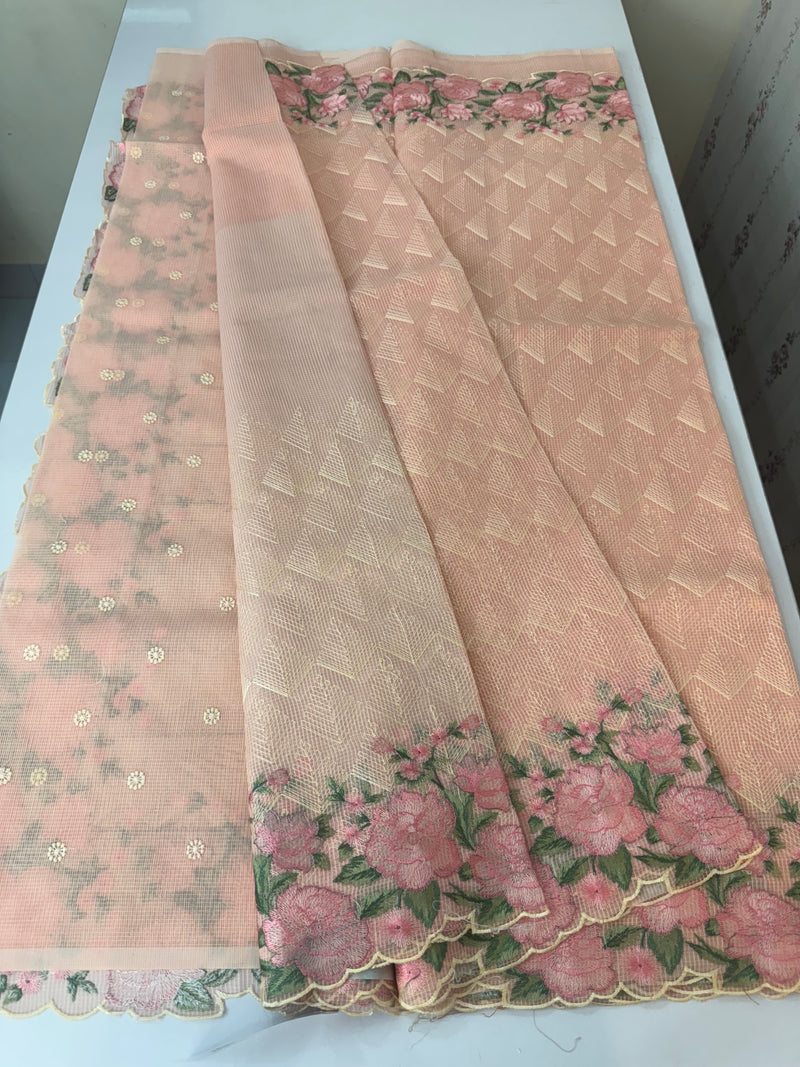 Phulkari NetKota embroidery saree - MPKS905 PeachPink
