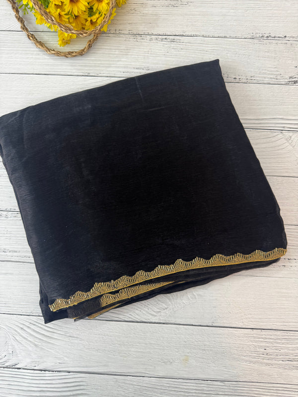 Plain Shimmery crush silk saree with handworked lace border MS99321- Black