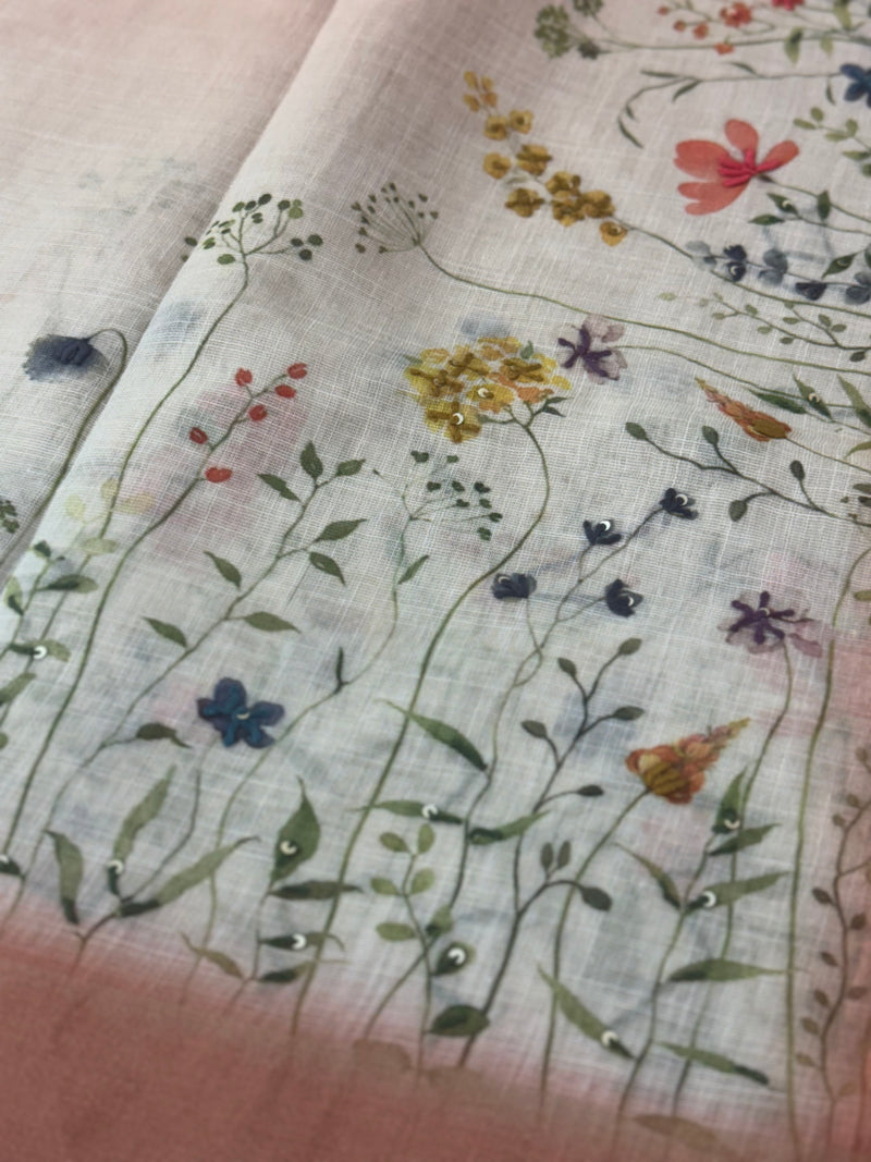 Handworked floral digital printed semi Linen Saree MLS611