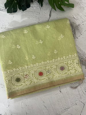 Tissue linen saree with embroidery MTL451 PastelGreen