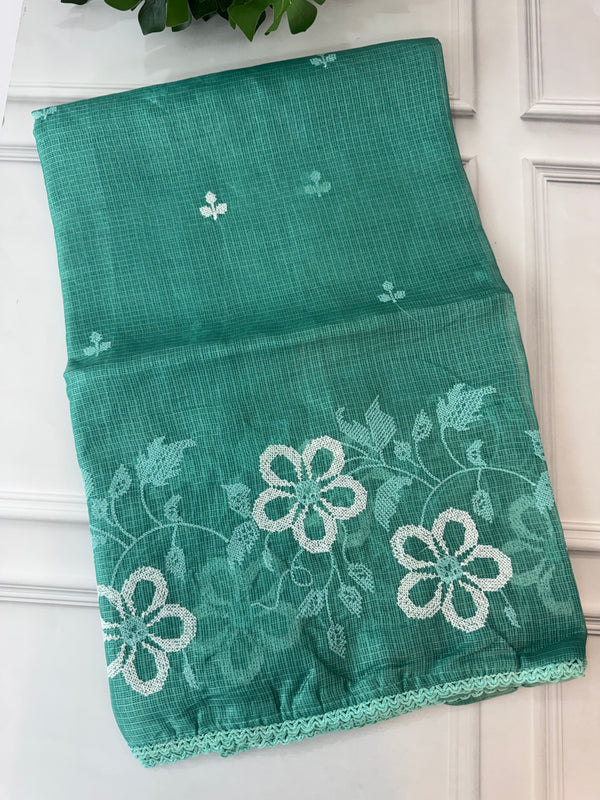 Soft kota checks saree with embroidery MSKC352 BlueGreen