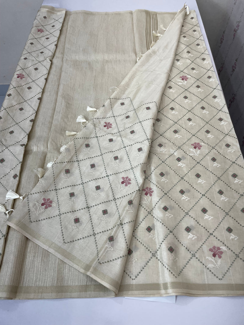 Soft Blended tussar saree with embriodery - MS8688 Cream