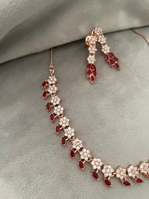 Miriyam CZ rosegold necklace Set- White & Red stones