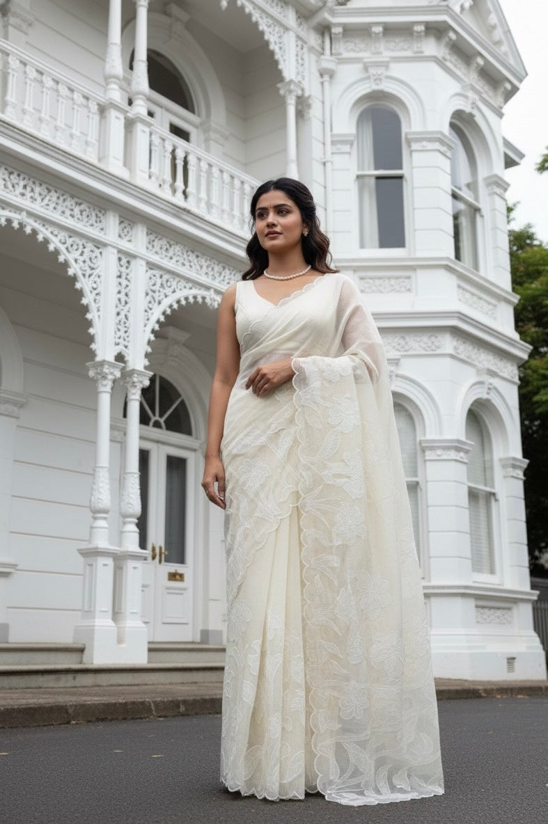 Mul chanderi applique work saree  MSH115 - Offwhite