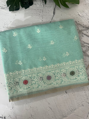 Tissue linen saree with embroidery MTL451 SeaGreen