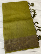 Jute silk saree with antique zari weaving MJL399- OliveGreen