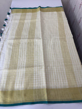 Linen cotton saree with gold zari checks MLS9766- RamaGreen