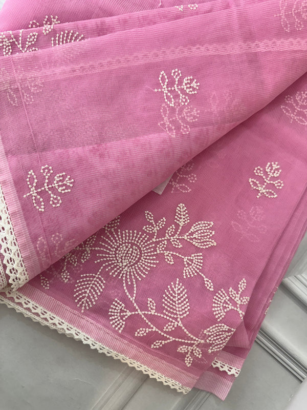 Kota Supernet embroidery saree SRENNEY Pink