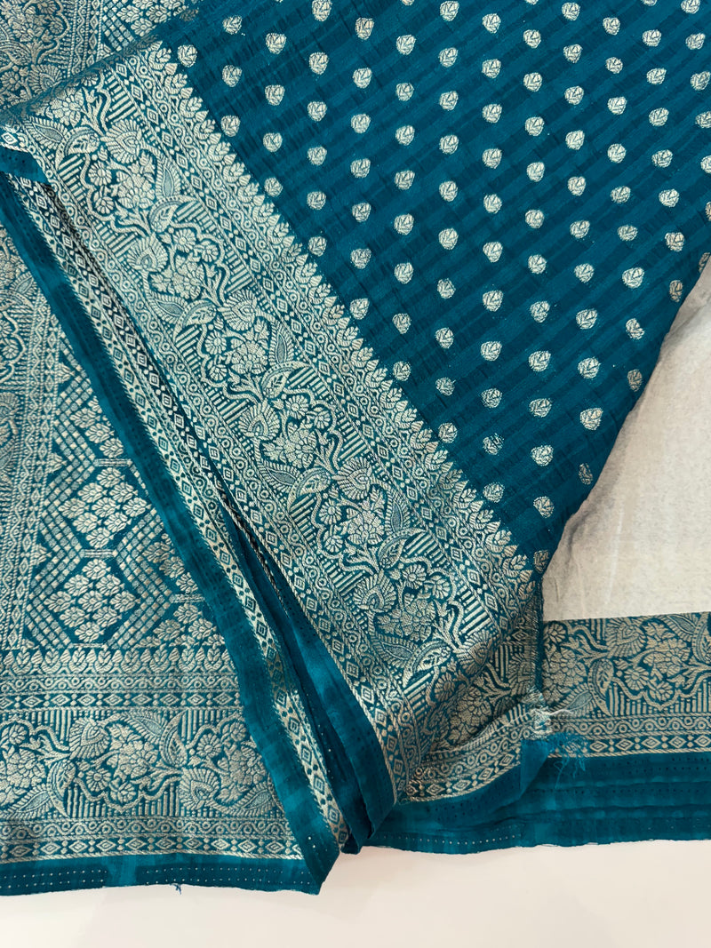 Silver Crepe Banarasi viscose Georgette saree with brocade blouse MS953211- TealBlue
