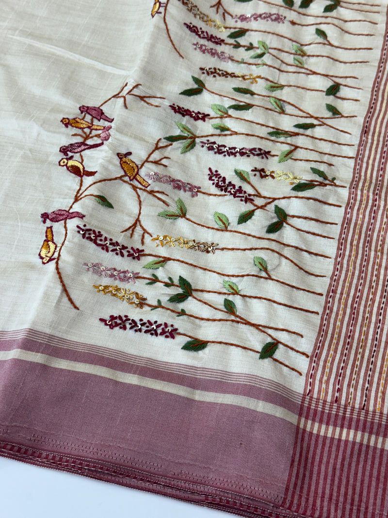 Blended tussar silk saree with hand embroidery MS40488
