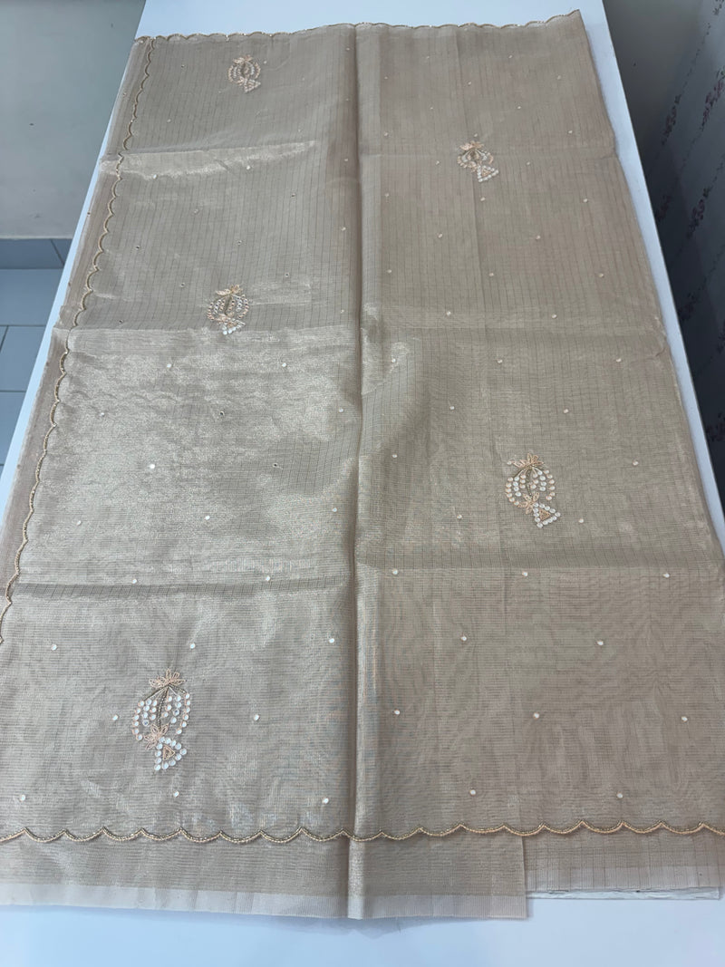 Tissue silk saree with mirror work and scalloped border MTSS432 - NudePink