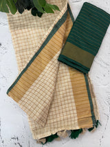 Linen checks saree with zari border MLS9766- Cream & BottleGreen