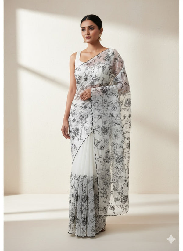Pure NetKota embriodery saree  MSH119 Black & White