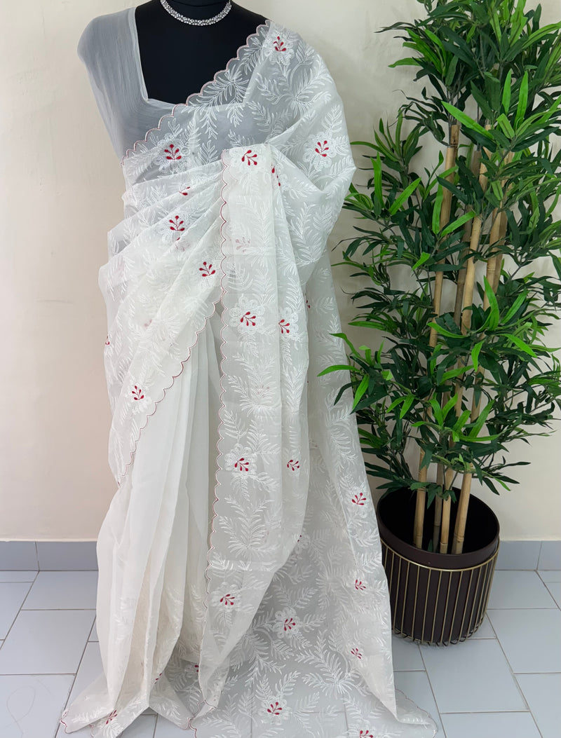 Soft oraganza saree with embroidery  MOS78  White & Red