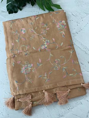 Tussar finish soft silk saree with thread embroidery MTS568 Chiku