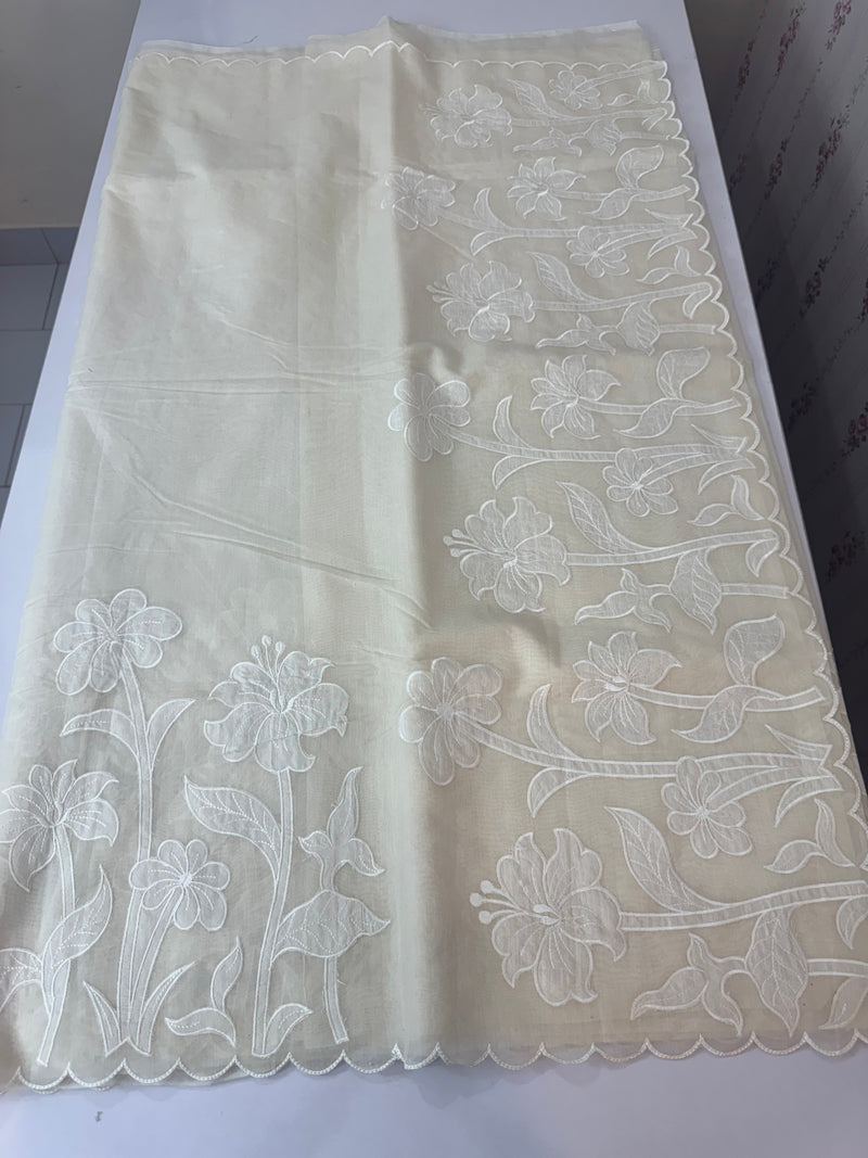 Mul chanderi applique work saree  MSH115 - Offwhite