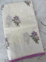 Lightweight Supernet saree with cross stitch embroidery MS142- White to Lavender