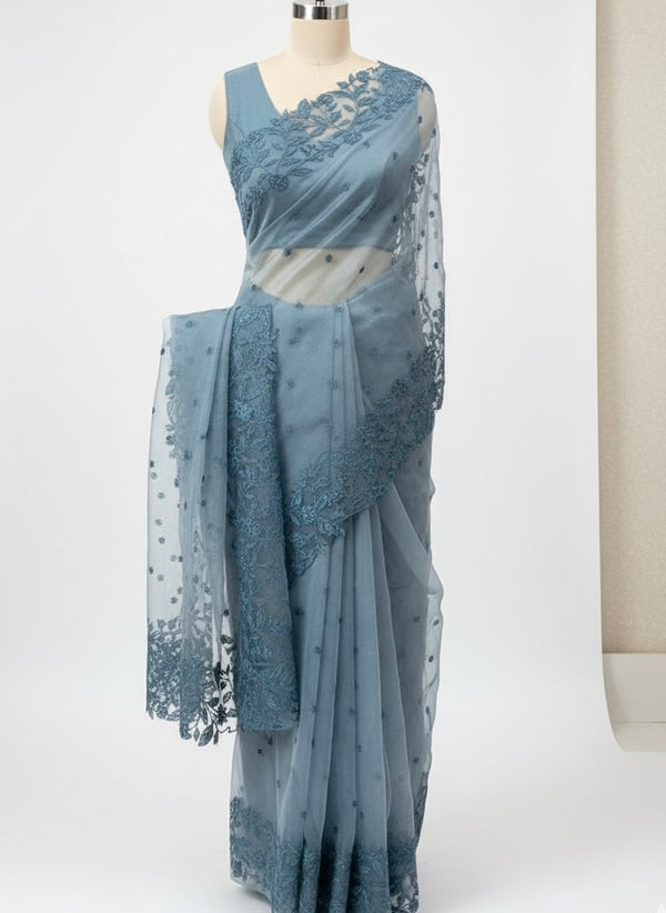 Tissue Organza saree with embriodery MS14638 DuskyBlue