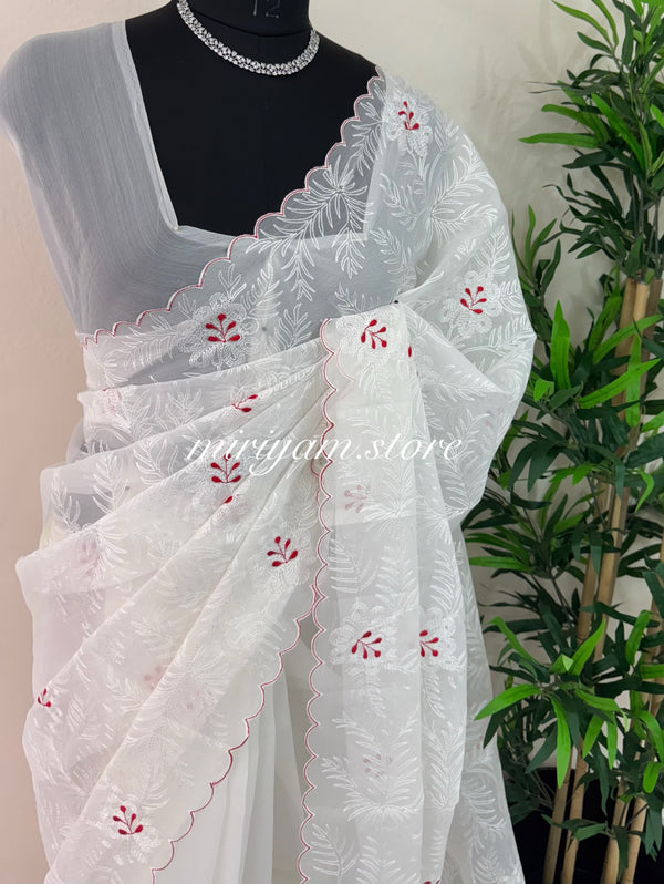 Soft oraganza saree with embroidery  MOS78  White & Red