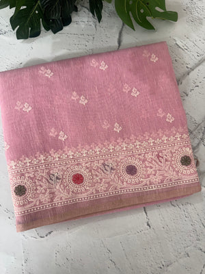 Tissue linen saree with embroidery MTL451 Pink