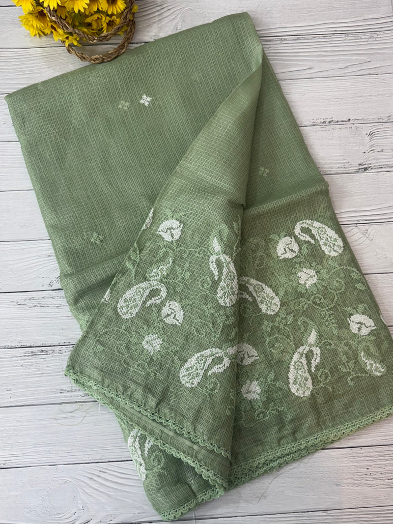 Soft kota checks saree with embroidery SVPIIY- DuskyGreen