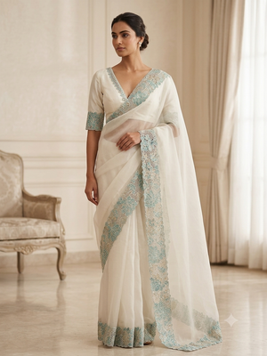 Soft Organza saree with cutwork tissue applique borders - MCW765