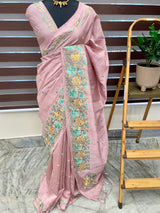 Crushed semi tussar silk saree with embroidery- SNFCYEY34 OnionPink