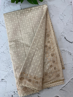 Cutwork blended tussar saree   - Cream MS5222