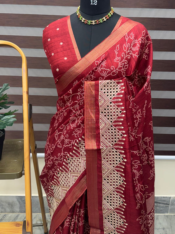 Blended Bandhani tussar silk saree with cutwork MTBF315