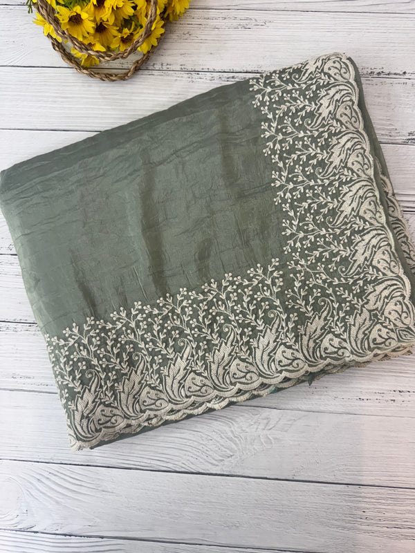Crush Organza embroidery saree MS9739- Dusky Green