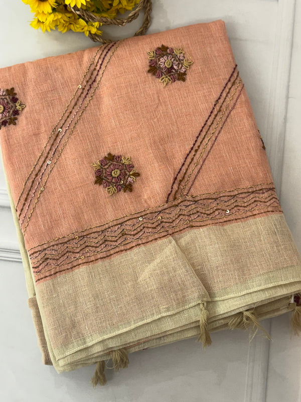 Linen saree with French knots and kanta embriodery MS94311
