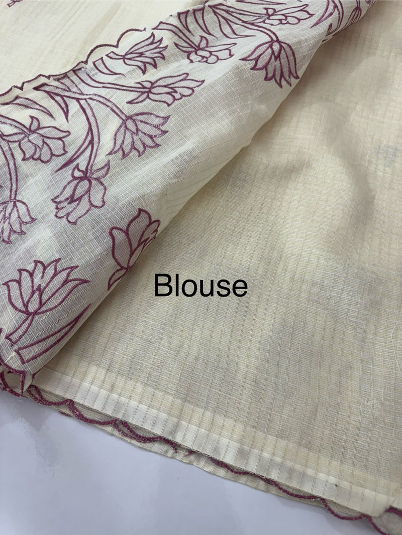 Jute Linen Applique work saree  -MSH128 Offwhite to OnionPink
