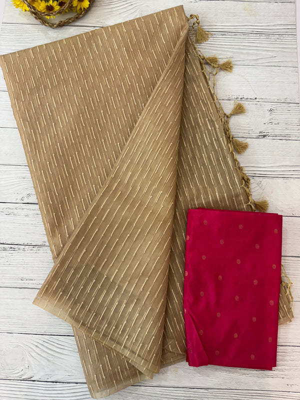 Semi organza thread work saree with soft silk blouse MOS9543 -Beige to Pink