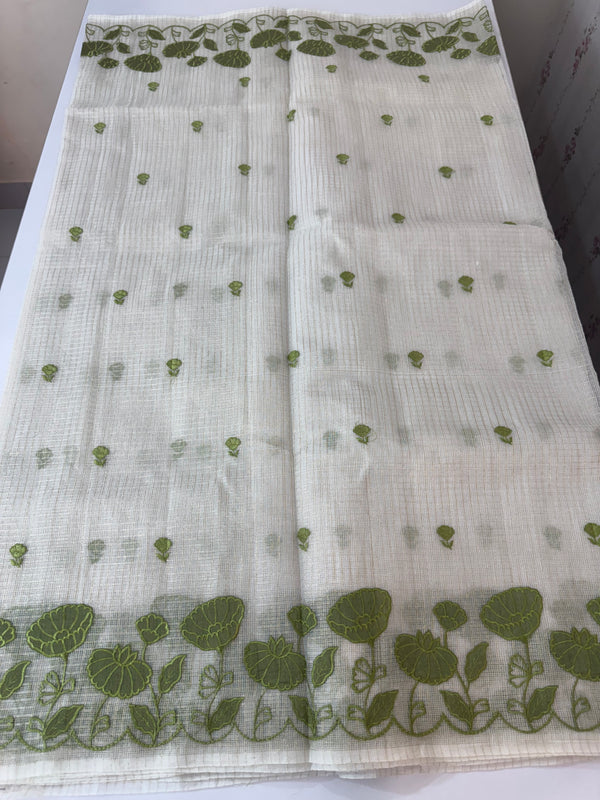 Tissue silk saree with zari checks and applique work  MSH105- Offwhite to Green