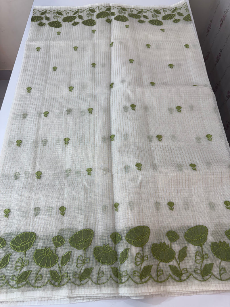 Tissue silk saree with zari checks and applique work  MSH105- Offwhite to Green