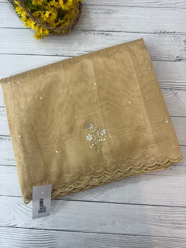 Tissue silk saree with mirror work and scalloped border MTSS432- DuskyYellow