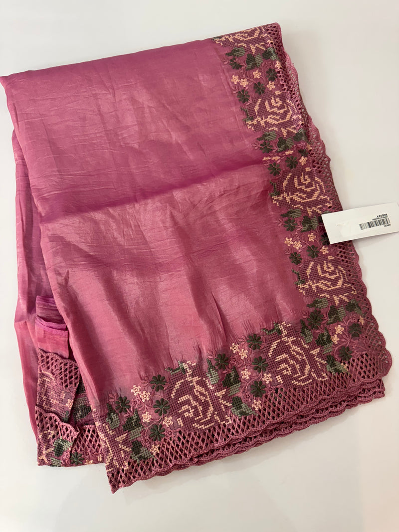 Crush Organza cutwork & embroidery saree MS7544- Pink