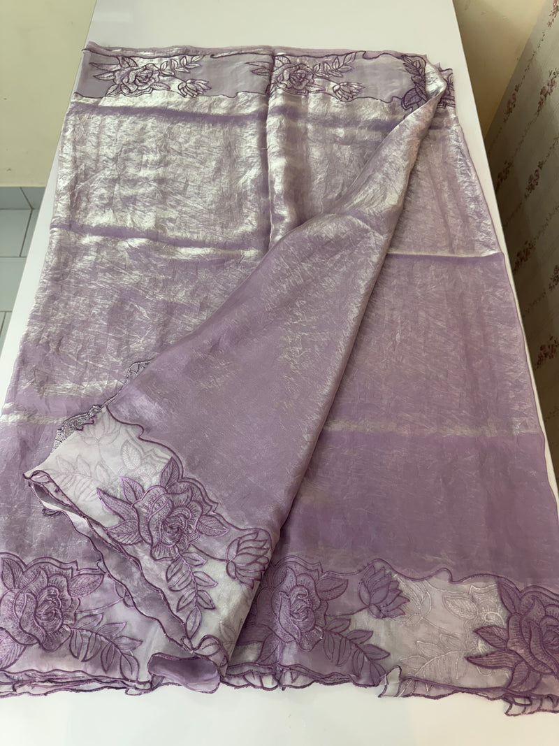 Fancy satin silk organza saree with applique borders MS14207 Lavender